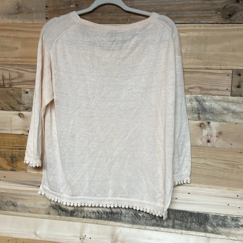 J.Crew Size Medium Cream Color Lightweight with Pom-Pom Hem Crewneck Sweater